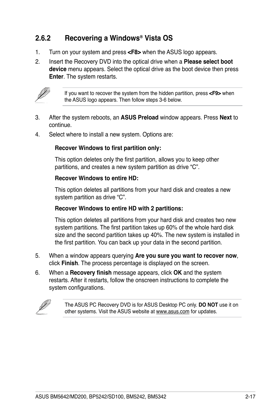 2 recovering a windows® vista os, Recovering a windows, Vista os -17 | 2 recovering a windows, Vista os | Asus BP5242 User Manual | Page 33 / 35