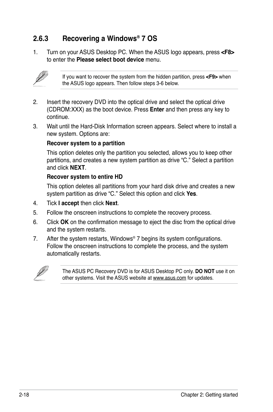 3 recovering a windows® 7 os, Recovering a windows, 7 os -18 | 3 recovering a windows, 7 os | Asus BP5242 User Manual | Page 34 / 35