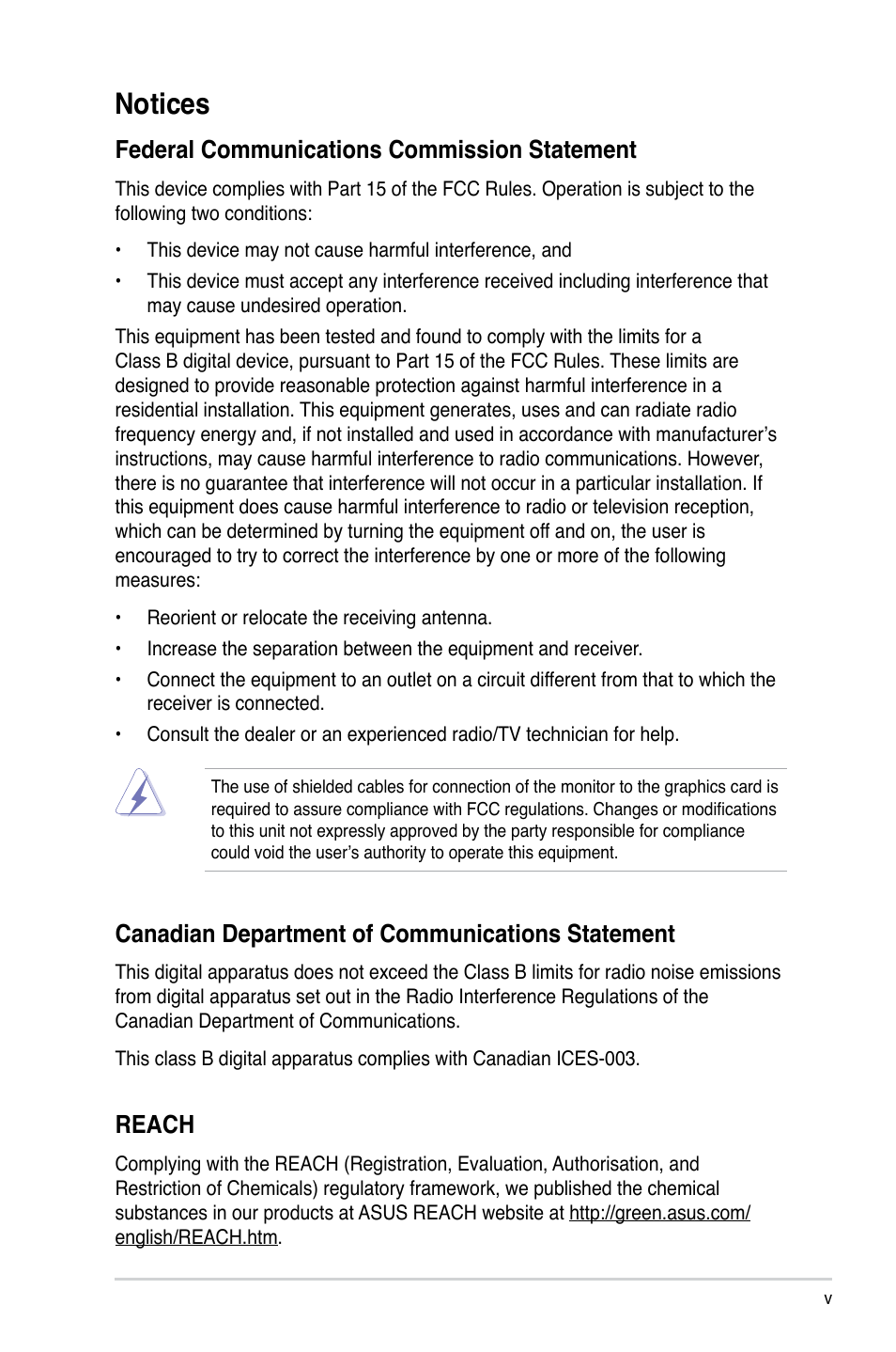 Notices, Federal communications commission statement, Canadian department of communications statement | Reach | Asus BP5242 User Manual | Page 5 / 35