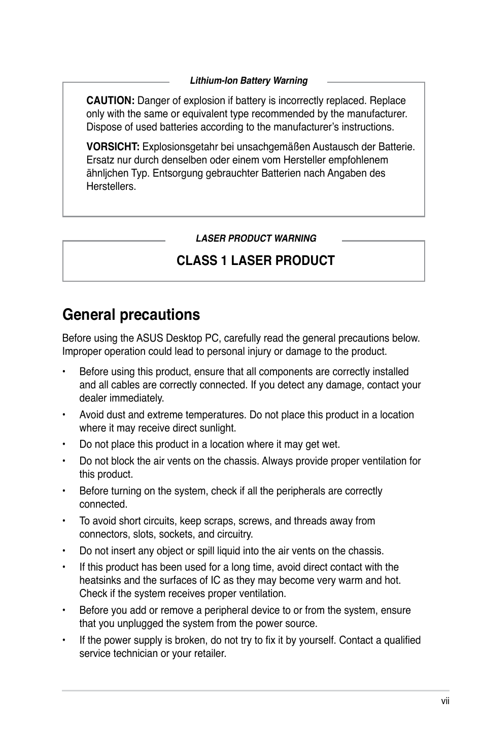 General precautions, Class 1 laser product | Asus BP5242 User Manual | Page 7 / 35