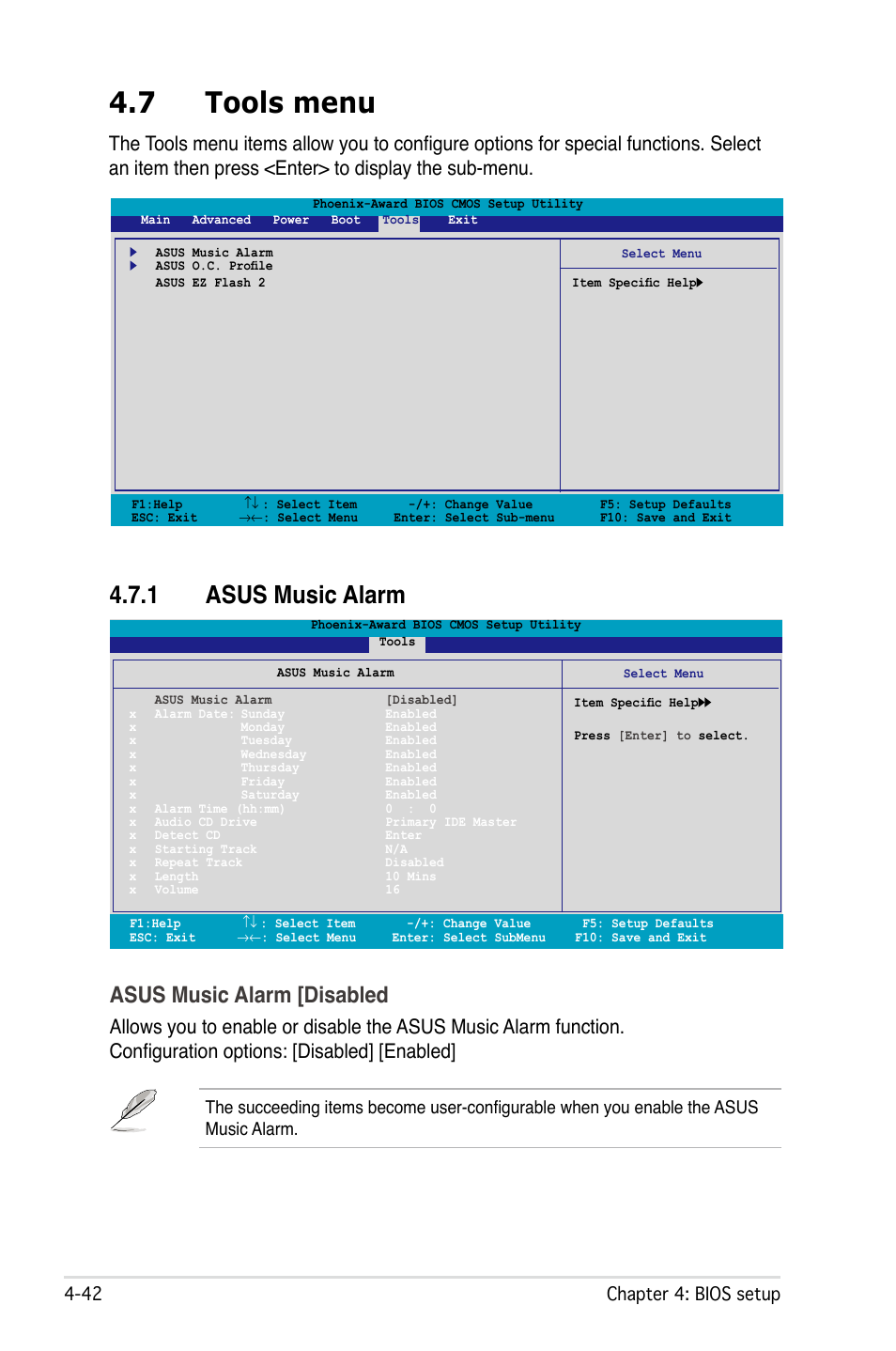 7 tools menu, 1 asus music alarm, Asus music alarm [disabled | Asus M2Ne User Manual | Page 102 / 146