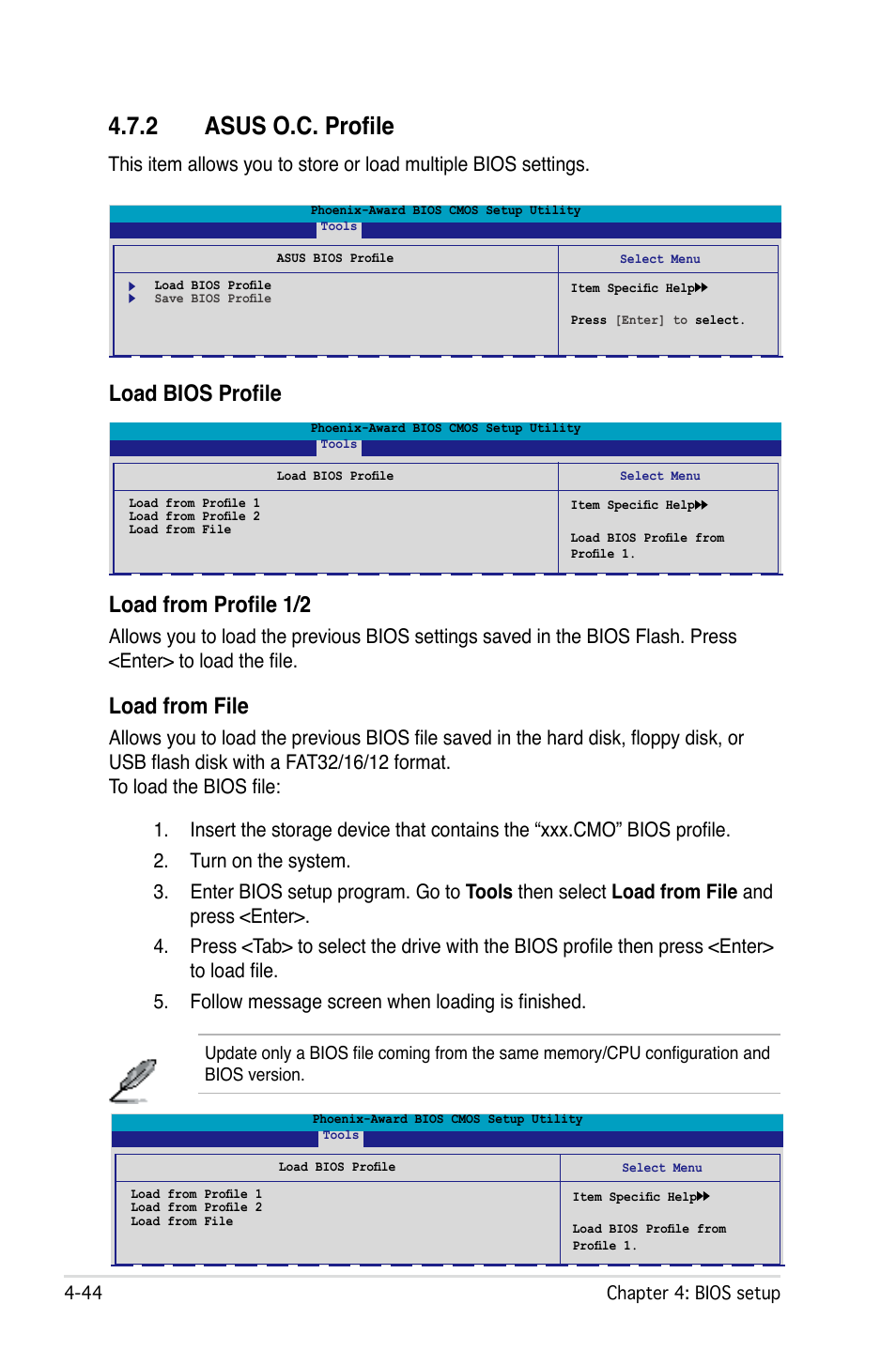 2 asus o.c. profile, Load bios profile load from profile 1/2, Load from file | Asus M2Ne User Manual | Page 104 / 146