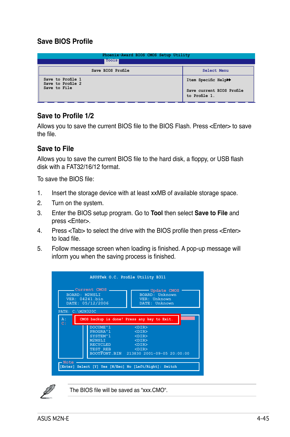 Save bios profile save to profile 1/2, Save to file | Asus M2Ne User Manual | Page 105 / 146