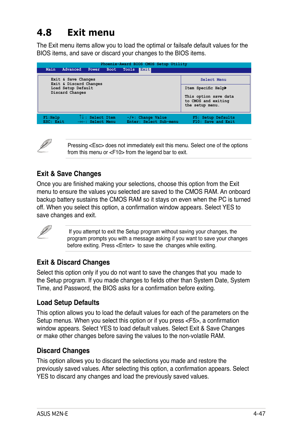 8 exit menu, Exit & save changes, Exit & discard changes | Load setup defaults, Discard changes | Asus M2Ne User Manual | Page 107 / 146