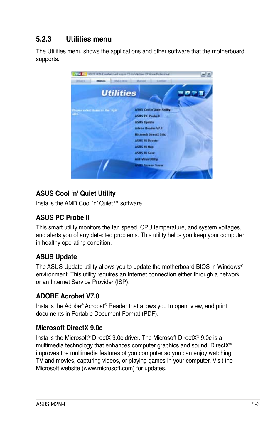 3 utilities menu, Asus cool ‘n’ quiet utility, Asus pc probe ii | Asus update, Adobe acrobat v7.0, Microsoft directx 9.0c | Asus M2Ne User Manual | Page 113 / 146