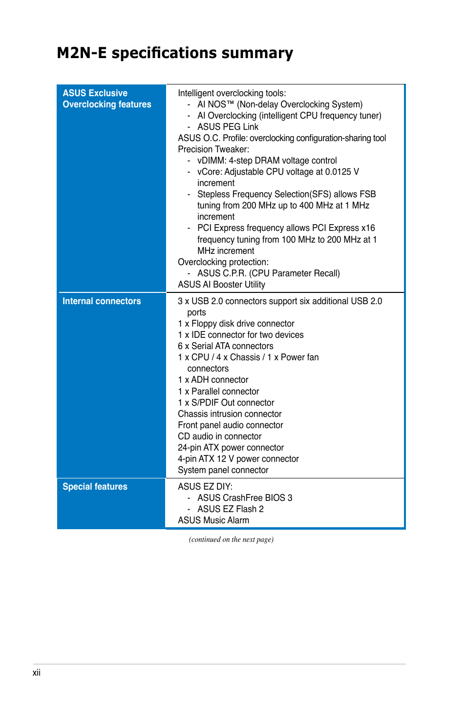 M2n-e specifications summary | Asus M2Ne User Manual | Page 12 / 146