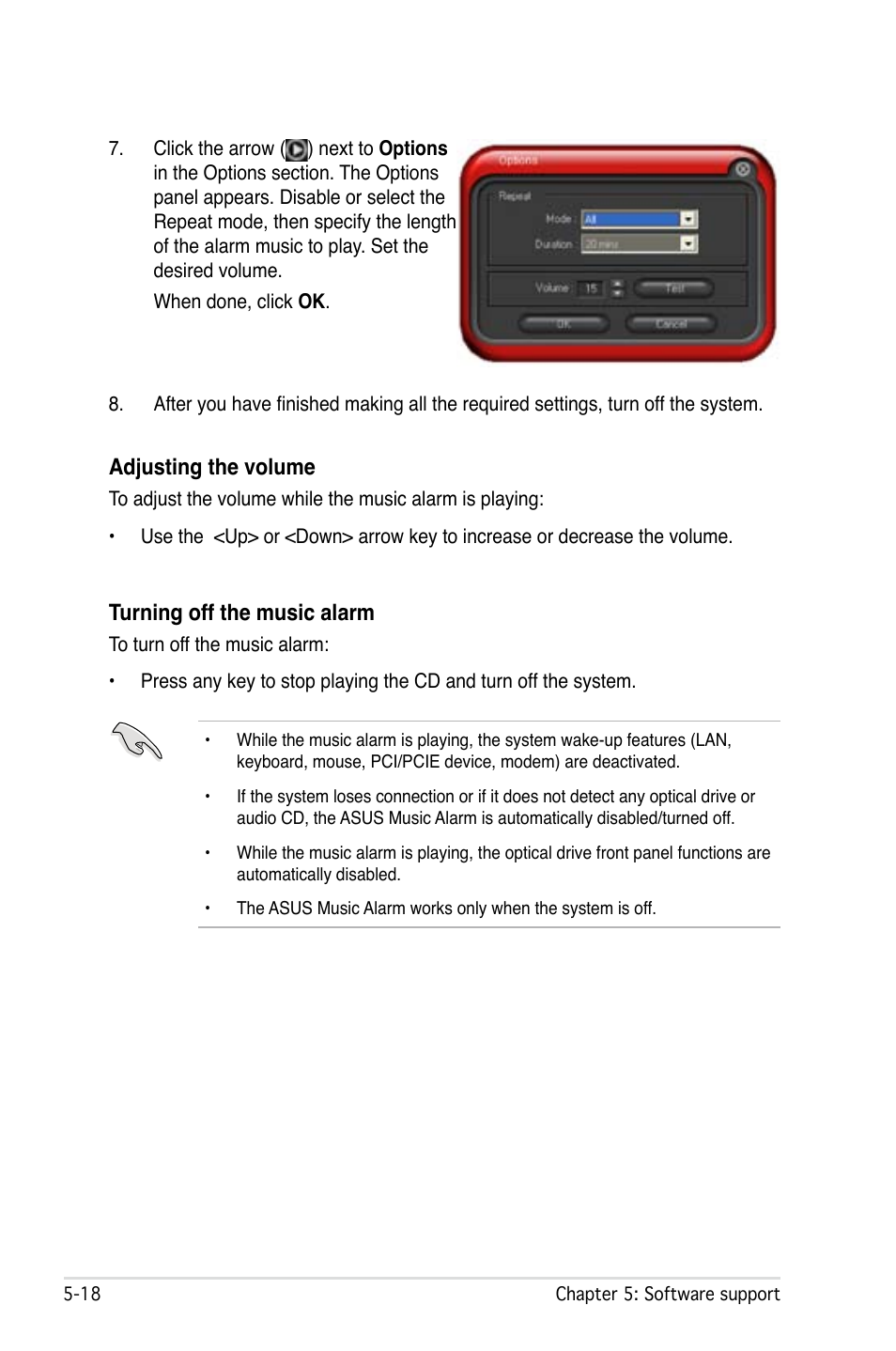 Adjusting the volume, Turning off the music alarm | Asus M2Ne User Manual | Page 128 / 146