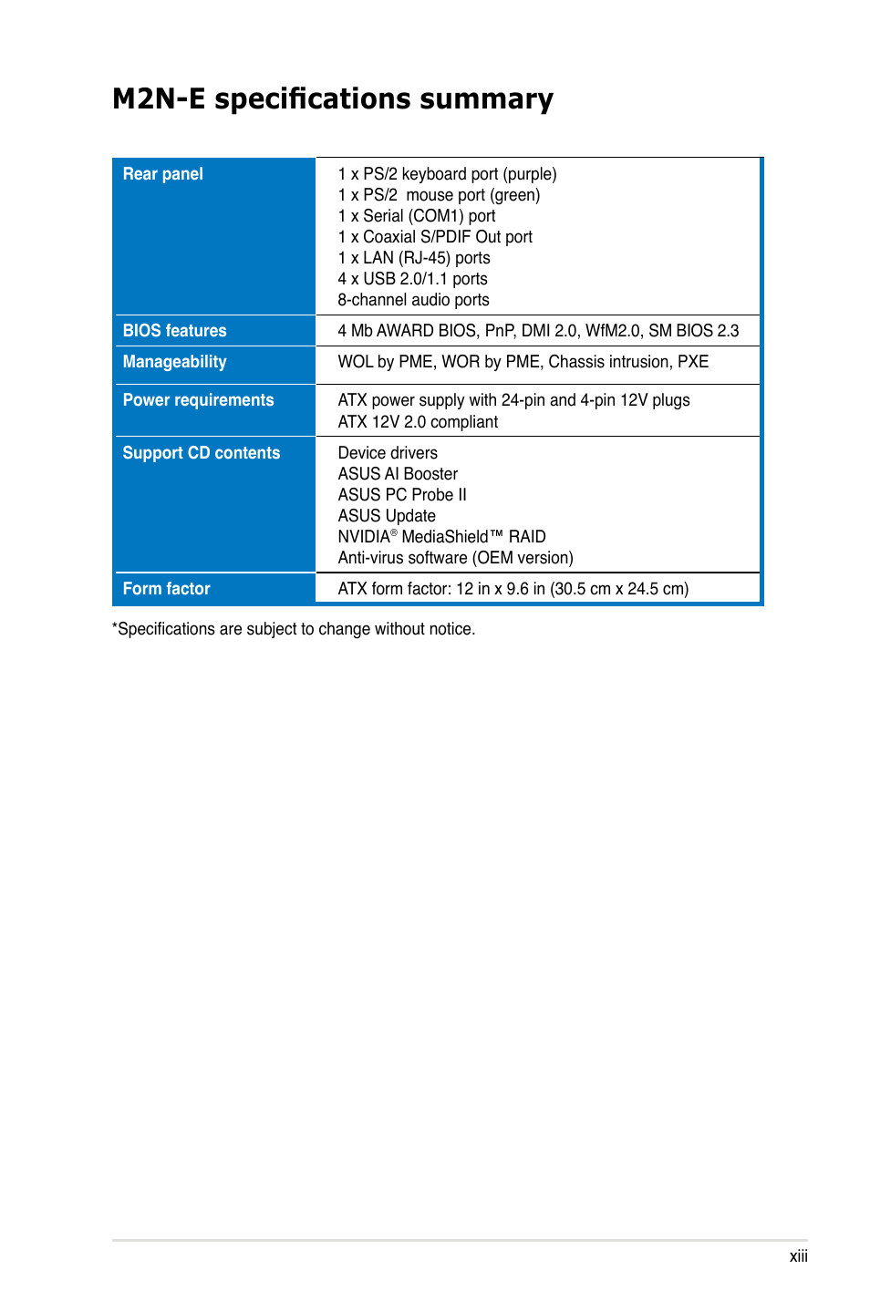 M2n-e specifications summary | Asus M2Ne User Manual | Page 13 / 146