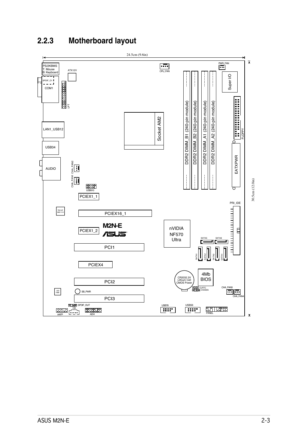 3 motherboard layout, M2n-e, Asus m2n-e 2 | Socket am2, Pci1 pci2 pci3, 4mb bios, Nf570 ultra, Nvidia | Asus M2Ne User Manual | Page 27 / 146