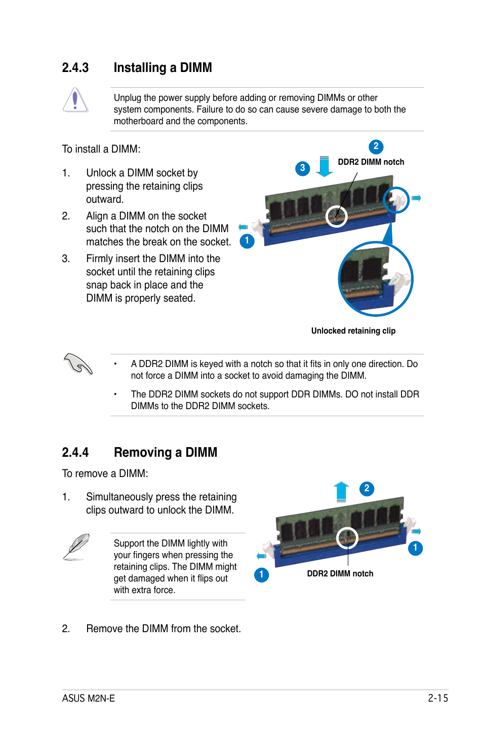 3 installing a dimm, 4 removing a dimm | Asus M2Ne User Manual | Page 39 / 146