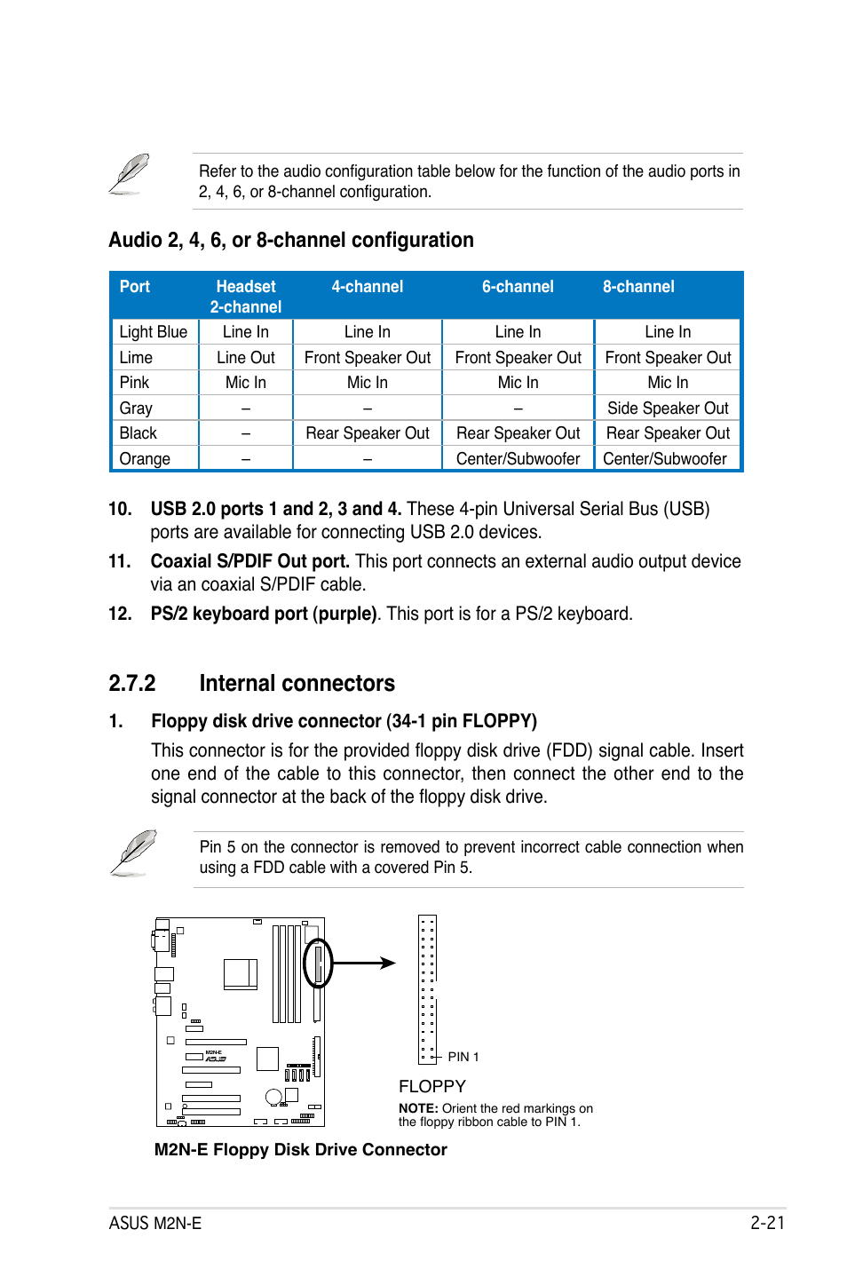 2 internal connectors, Audio 2, 4, 6, or 8-channel configuration | Asus M2Ne User Manual | Page 45 / 146