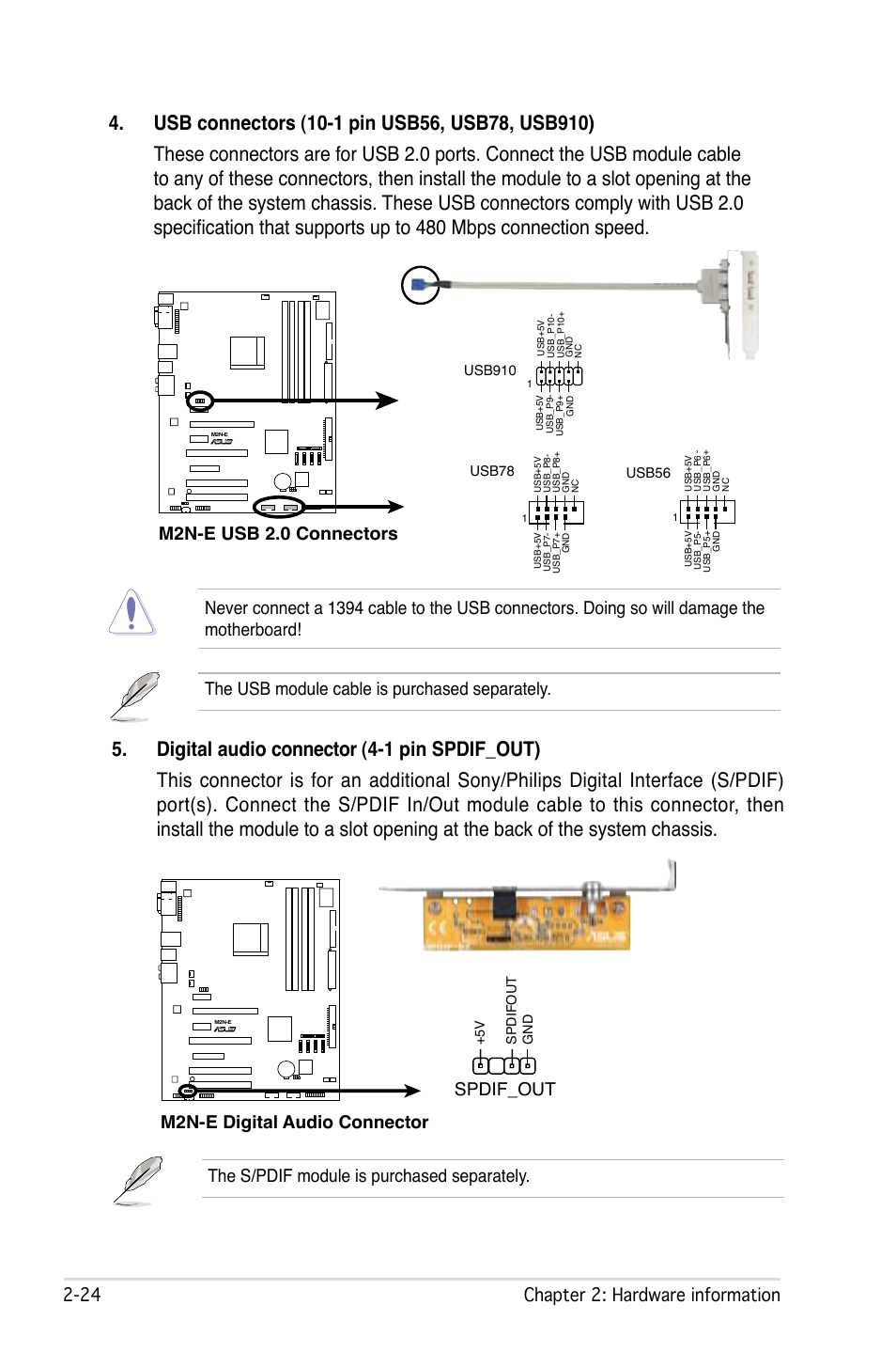 2 chapter 2: hardware information, The usb module cable is purchased separately, Spdif_out | Asus M2Ne User Manual | Page 48 / 146