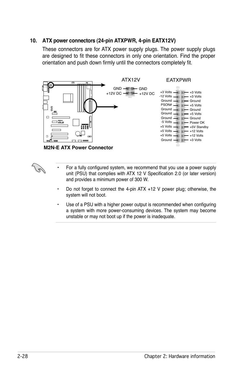 2 chapter 2: hardware information, M2n-e atx power connector, Atx12v eatxpwr | Asus M2Ne User Manual | Page 52 / 146