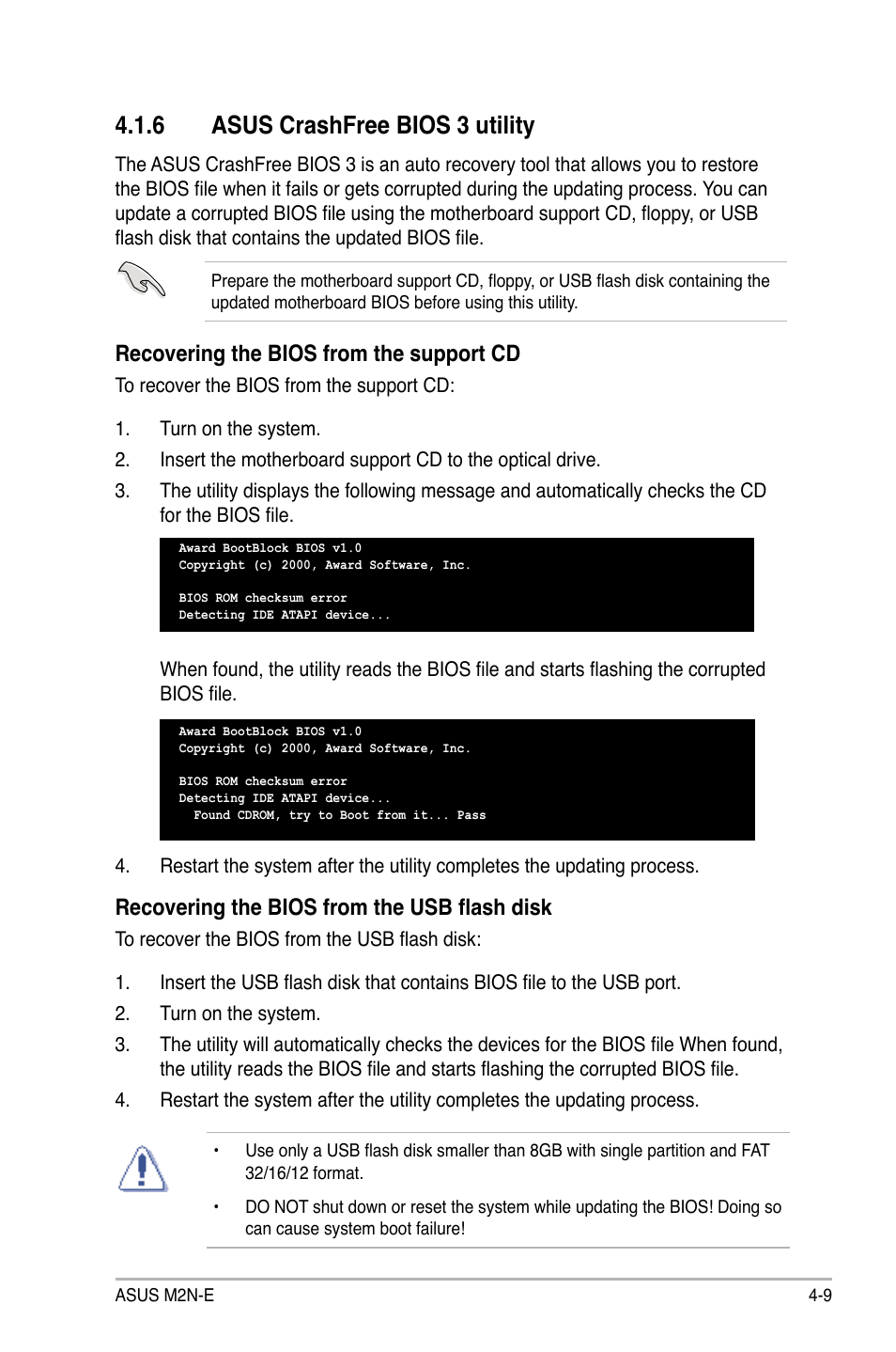 6 asus crashfree bios 3 utility, Recovering the bios from the support cd, Recovering the bios from the usb flash disk | Asus M2Ne User Manual | Page 69 / 146