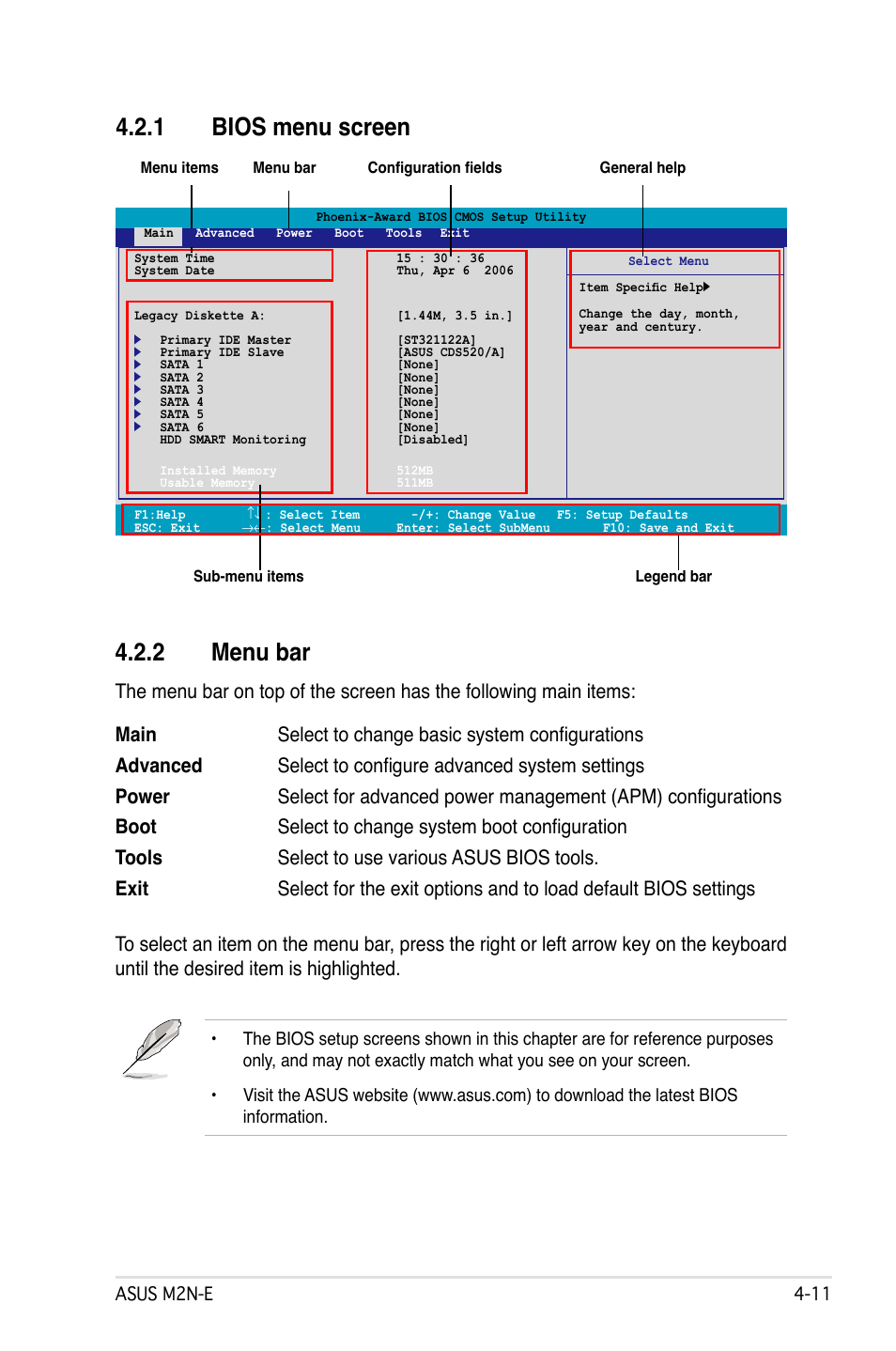 1 bios menu screen, 2 menu bar | Asus M2Ne User Manual | Page 71 / 146