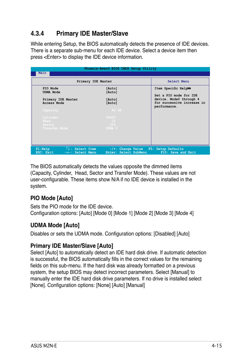 4 primary ide master/slave, Pio mode [auto, Udma mode [auto | Primary ide master/slave [auto | Asus M2Ne User Manual | Page 75 / 146