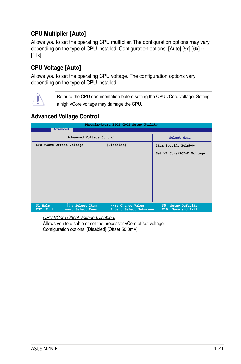 Cpu multiplier [auto, Cpu voltage [auto, Advanced voltage control | Asus M2Ne User Manual | Page 81 / 146