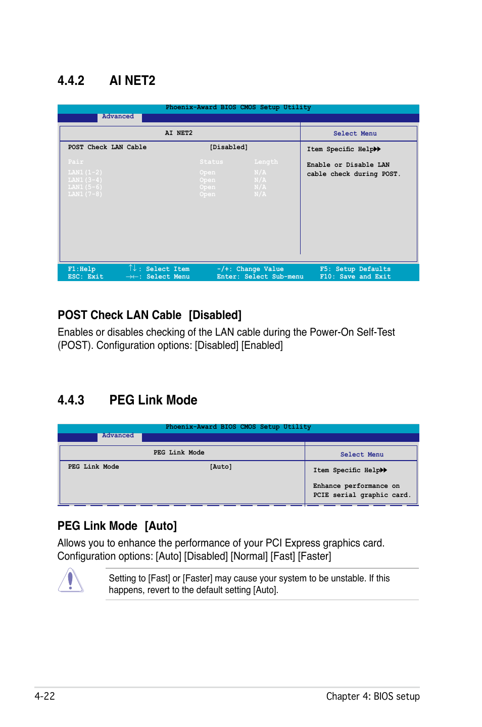 2 ai net2, 3 peg link mode, Post check lan cable [disabled | Peg link mode [auto | Asus M2Ne User Manual | Page 82 / 146