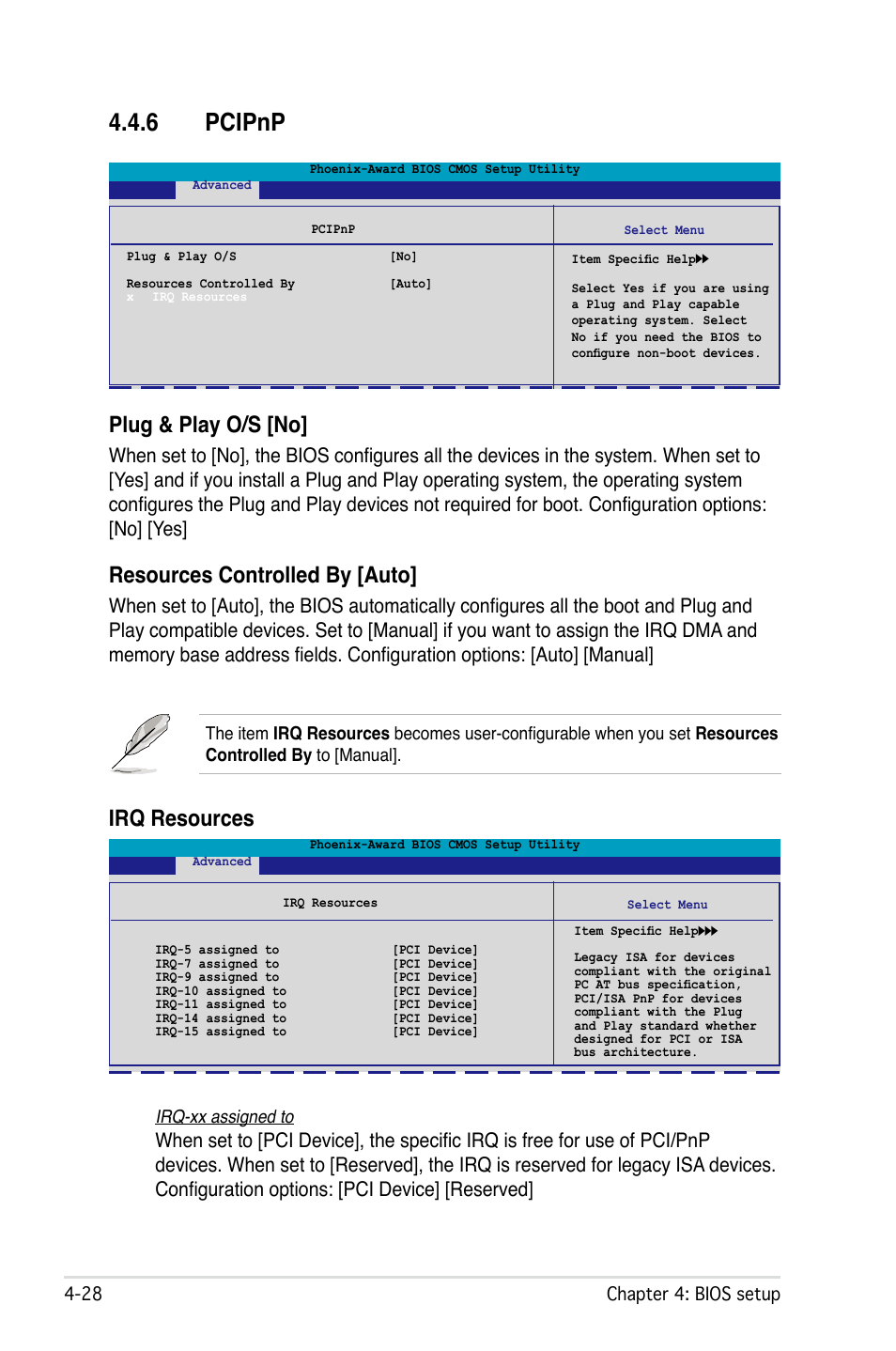 6 pcipnp, Plug & play o/s [no, Resources controlled by [auto | Irq resources | Asus M2Ne User Manual | Page 88 / 146