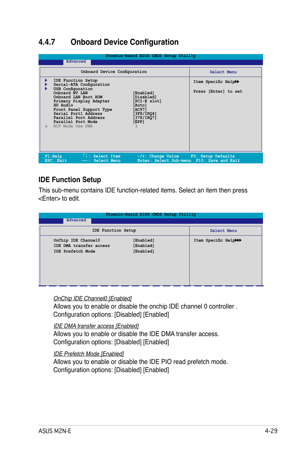 7 onboard device configuration, Ide function setup, Asus m2n-e -2 | Onchip ide channel0 [enabled, Ide dma transfer access [enabled, Ide prefetch mode [enabled | Asus M2Ne User Manual | Page 89 / 146