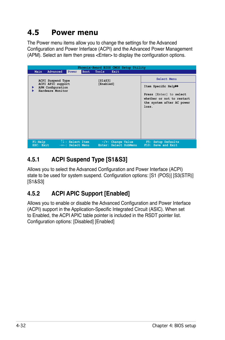 5 power menu, 1 acpi suspend type [s1&s3, 2 acpi apic support [enabled | Asus M2Ne User Manual | Page 92 / 146