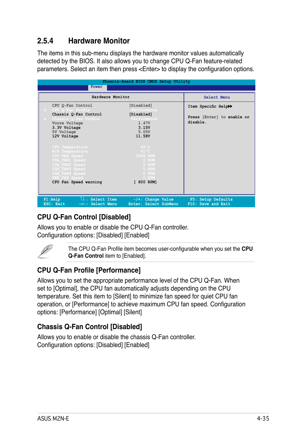 4 hardware monitor, Cpu q-fan control [disabled, Cpu q-fan profile [performance | Chassis q-fan control [disabled | Asus M2Ne User Manual | Page 95 / 146