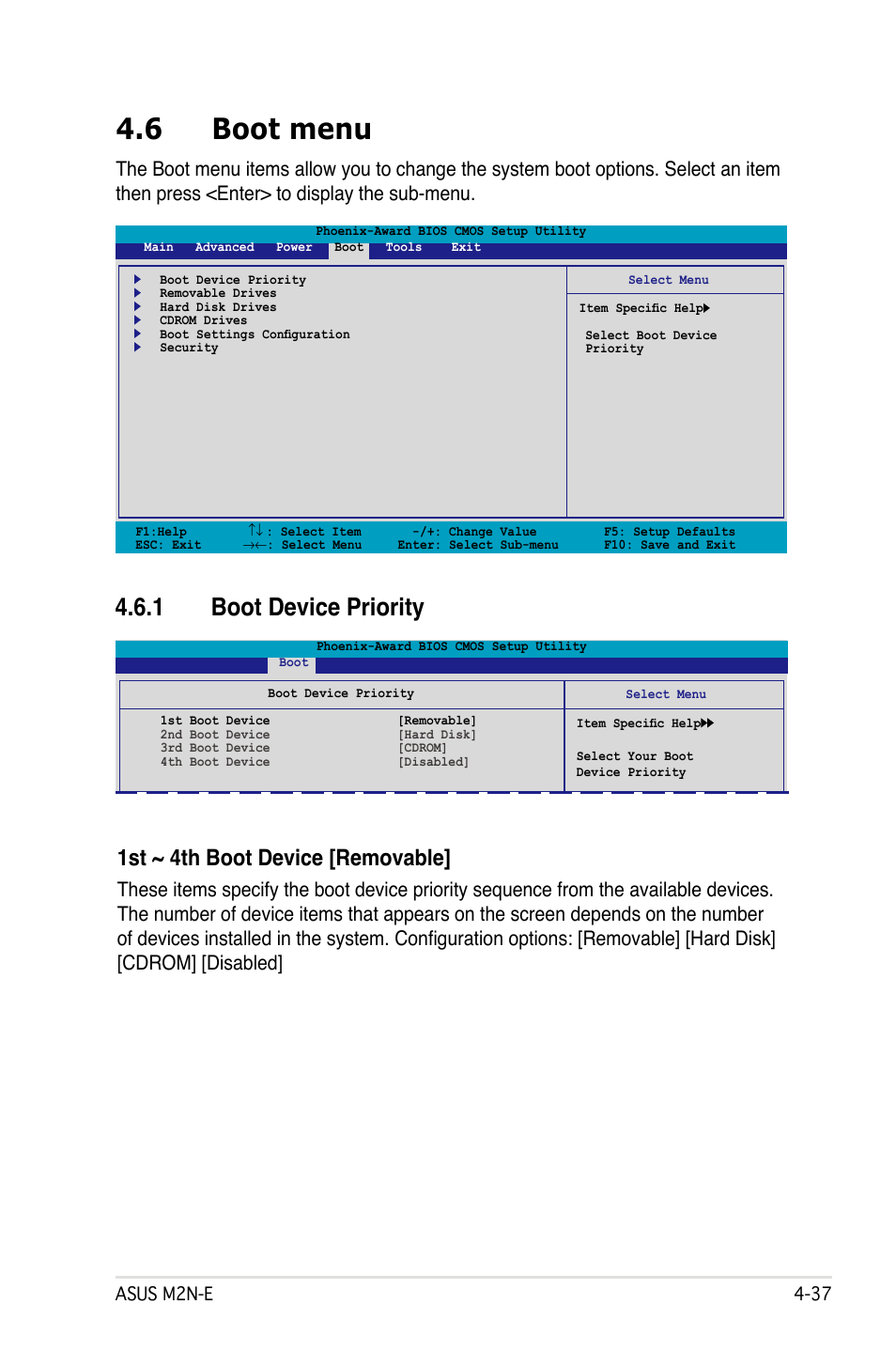 6 boot menu, 1 boot device priority, 1st ~ 4th boot device [removable | Asus M2Ne User Manual | Page 97 / 146