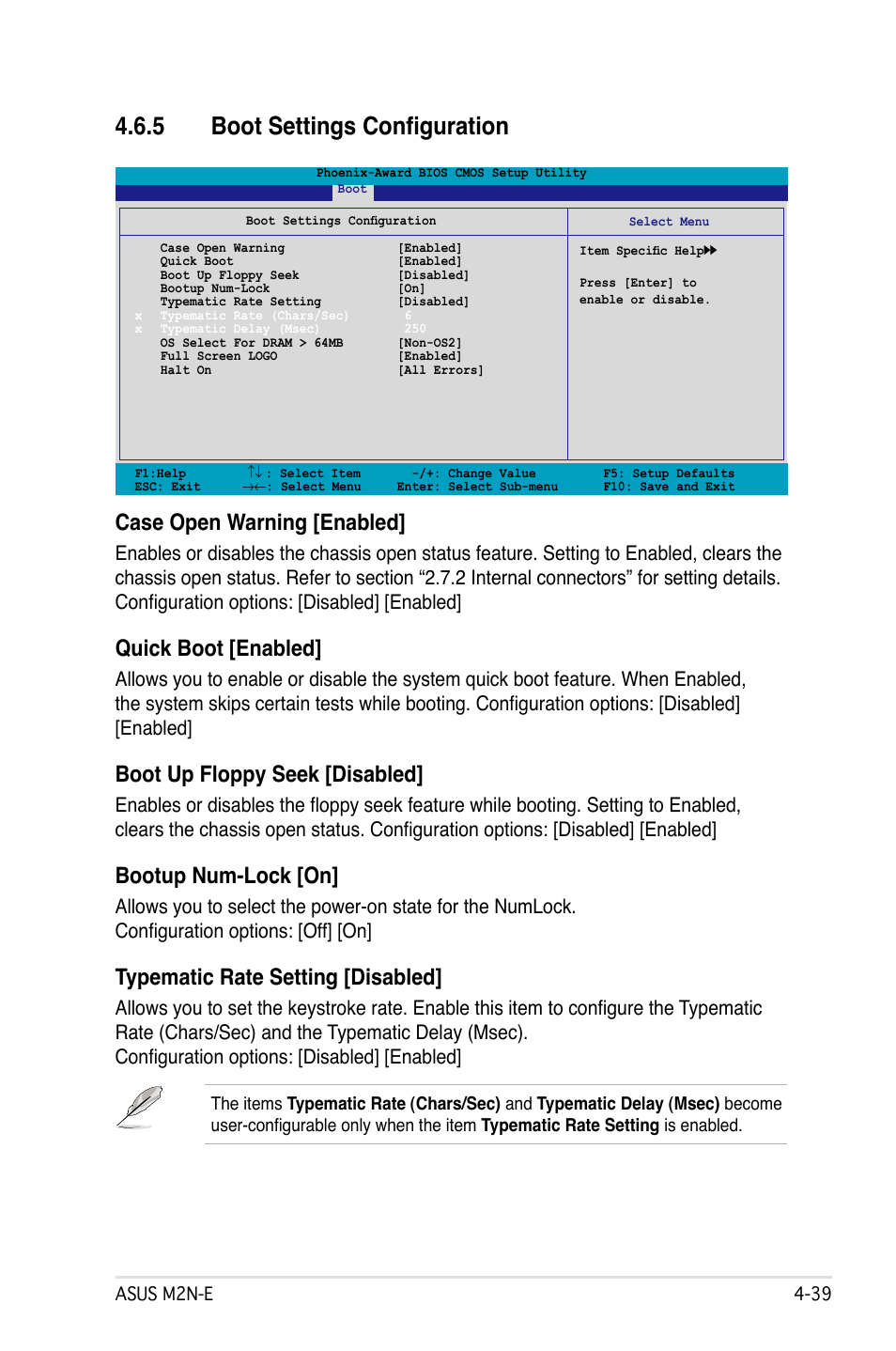 5 boot settings configuration, Case open warning [enabled, Quick boot [enabled | Boot up floppy seek [disabled, Bootup num-lock [on, Typematic rate setting [disabled | Asus M2Ne User Manual | Page 99 / 146