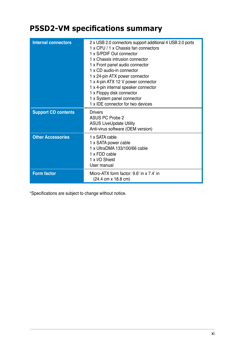 P5sd2-vm specifications summary | Asus P5SD2-VM User Manual | Page 11 / 94