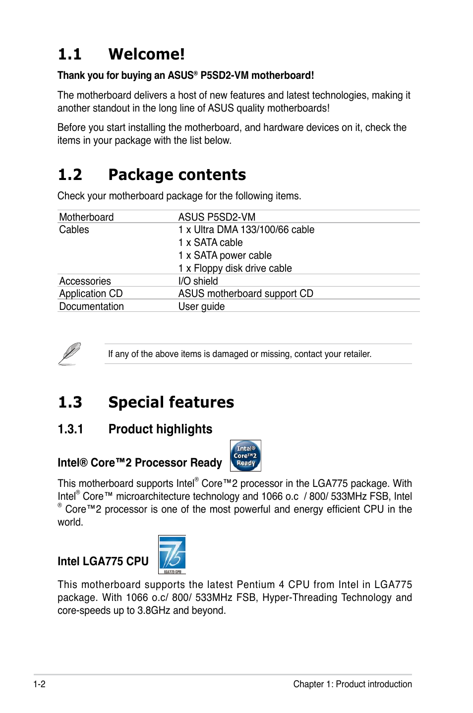 1 welcome, 2 package contents, 3 special features | 1 product highlights | Asus P5SD2-VM User Manual | Page 14 / 94