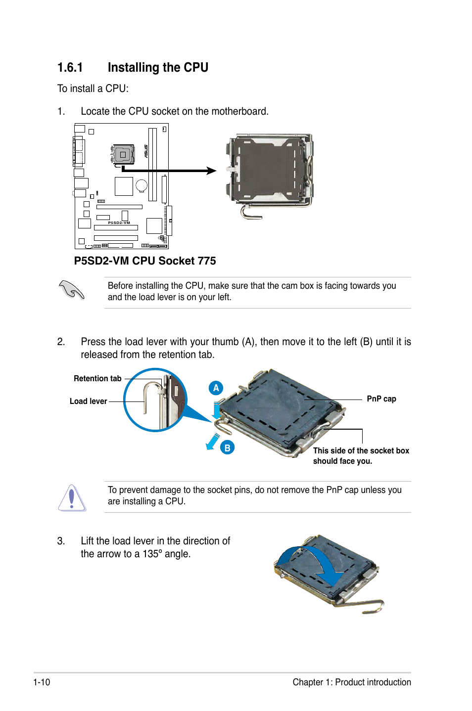 1 installing the cpu | Asus P5SD2-VM User Manual | Page 22 / 94