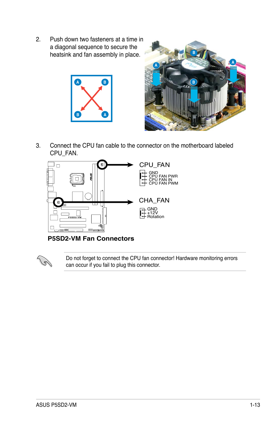 P5sd2-vm fan connectors, Cpu_fan, Cha_fan | Asus P5SD2-VM User Manual | Page 25 / 94