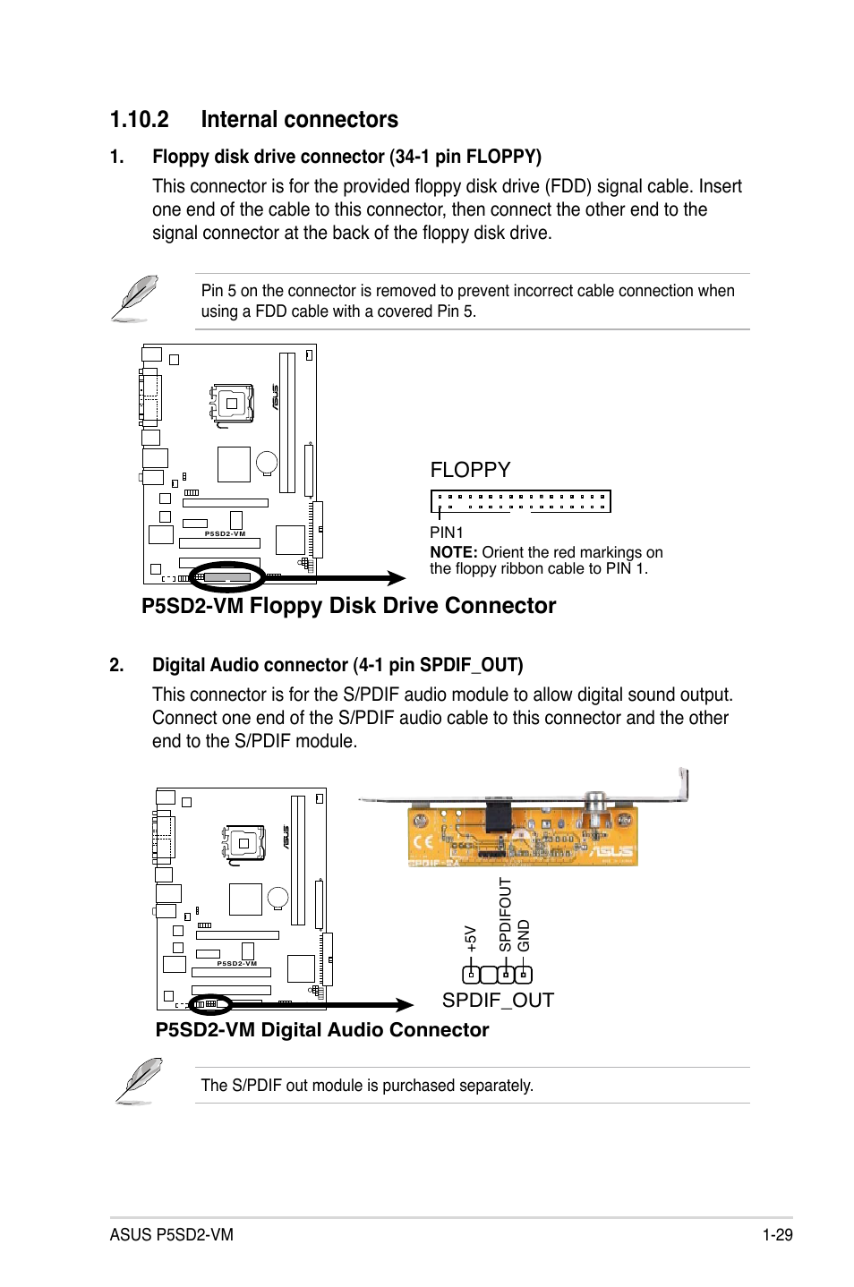 2 internal connectors, Floppy disk drive connector, P5sd2-vm | Floppy | Asus P5SD2-VM User Manual | Page 41 / 94