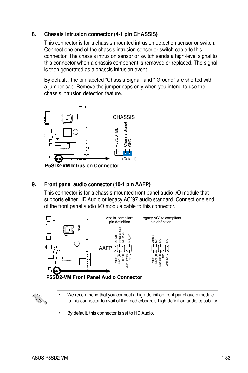 Chassis, P5sd2-vm front panel audio connector, Aafp | Asus P5SD2-VM User Manual | Page 45 / 94