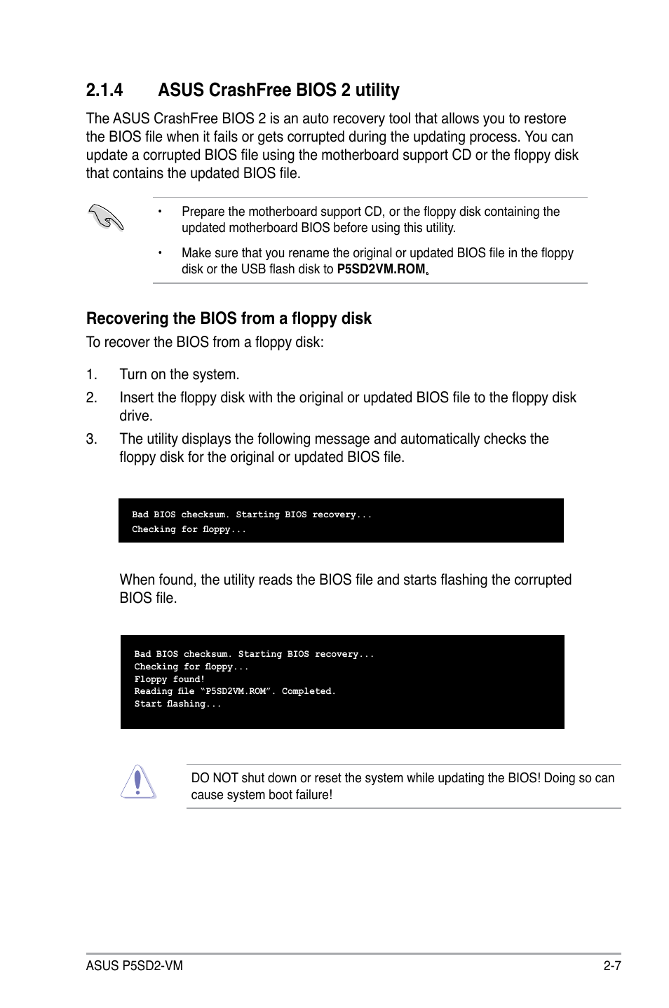 4 asus crashfree bios 2 utility, Recovering the bios from a floppy disk | Asus P5SD2-VM User Manual | Page 55 / 94