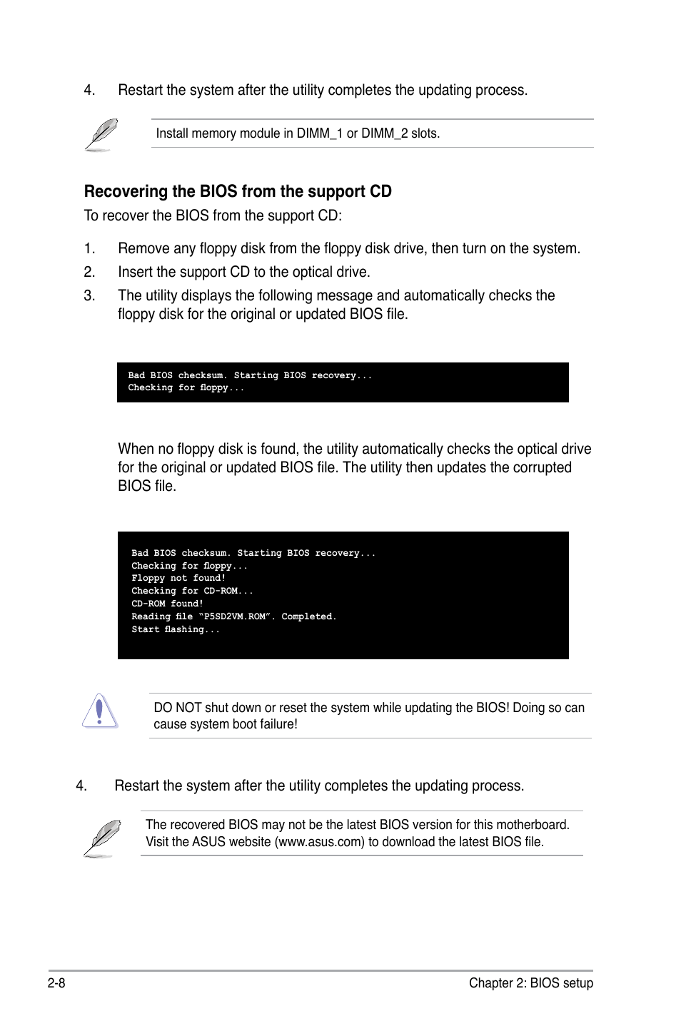 Recovering the bios from the support cd | Asus P5SD2-VM User Manual | Page 56 / 94