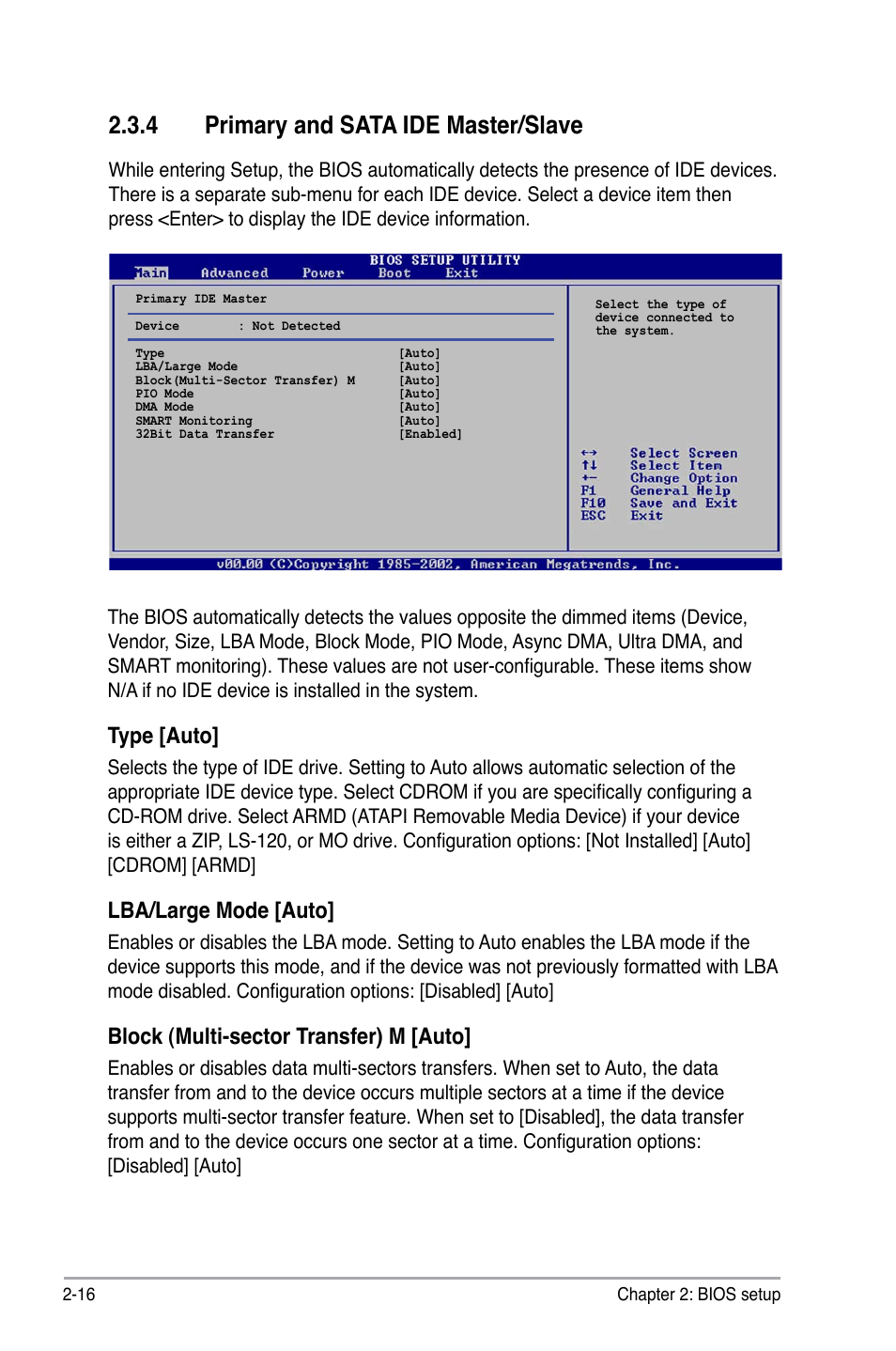 4 primary and sata ide master/slave, Type [auto, Lba/large mode [auto | Block (multi-sector transfer) m [auto | Asus P5SD2-VM User Manual | Page 64 / 94