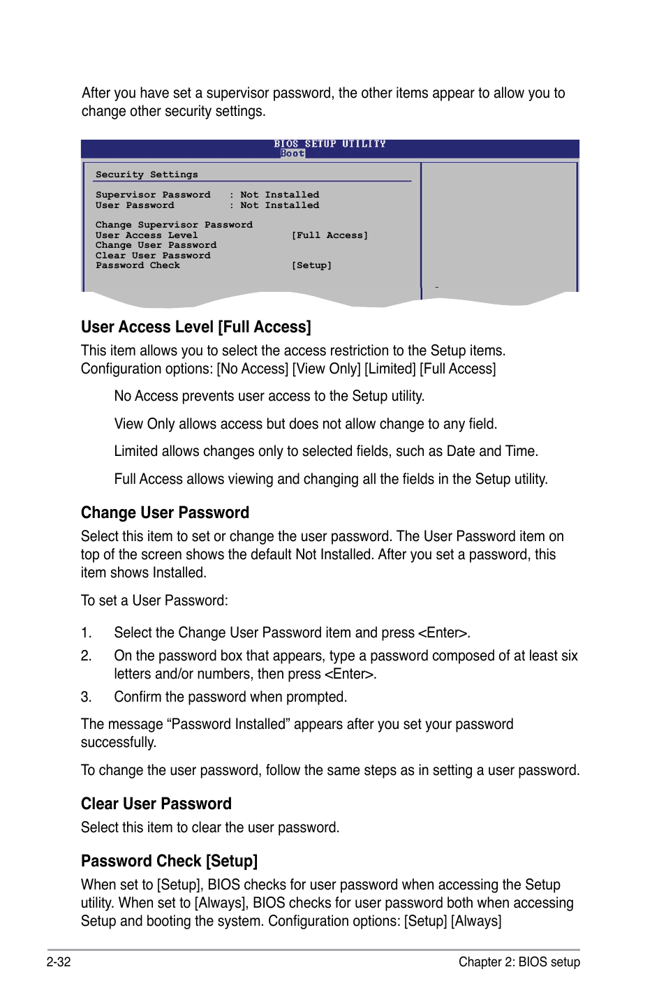 User access level [full access, Change user password, Clear user password | Password check [setup | Asus P5SD2-VM User Manual | Page 80 / 94