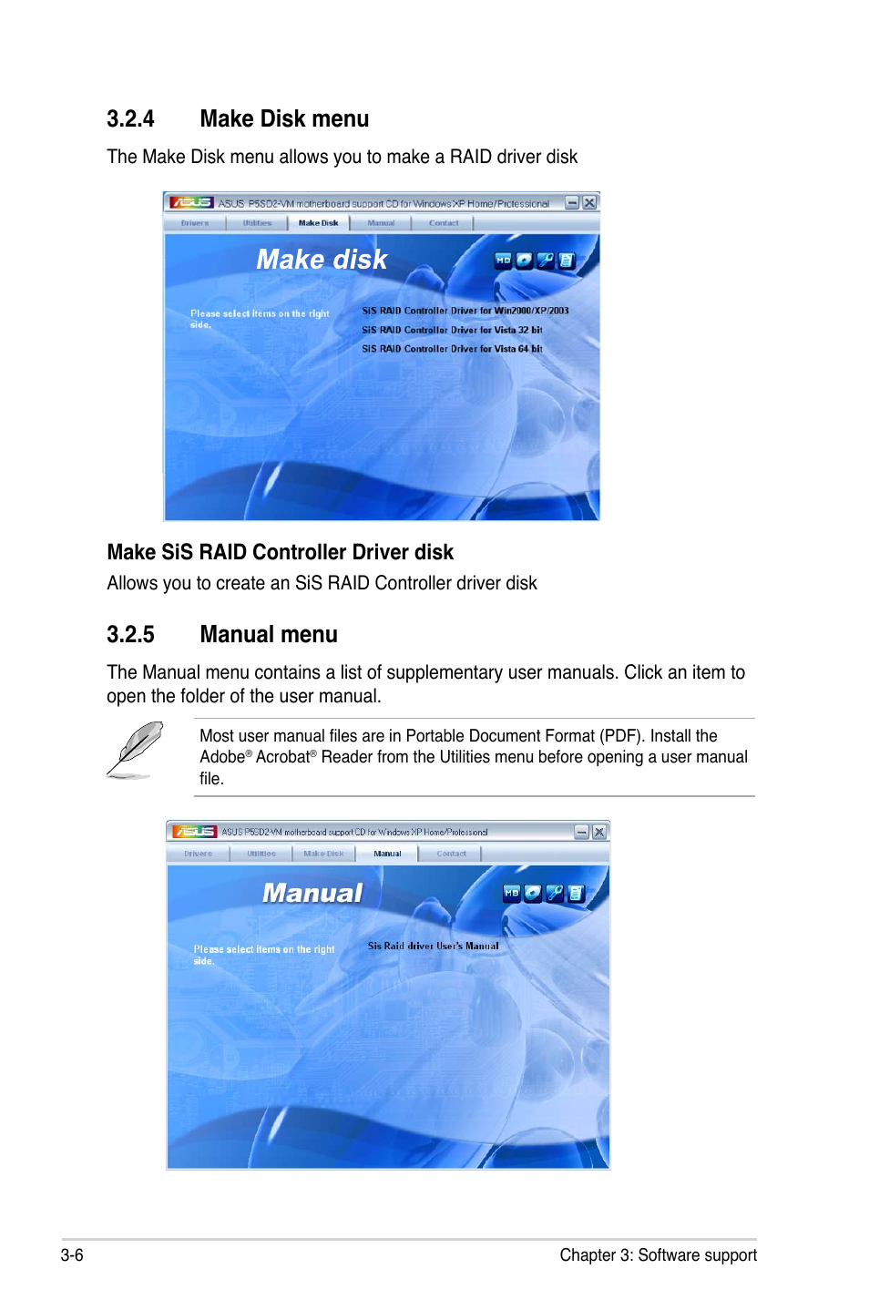 4 make disk menu, 5 manual menu, Make sis raid controller driver disk | Asus P5SD2-VM User Manual | Page 88 / 94