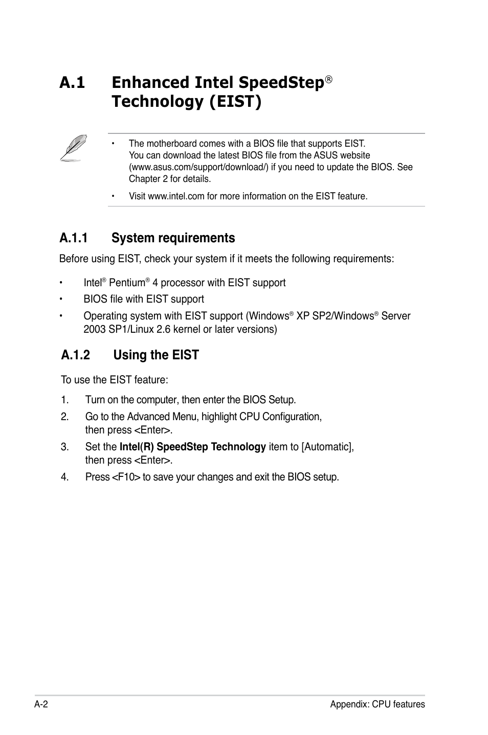 A.1 enhanced intel speedstep, Technology (eist), A.1.1 system requirements | A.1.2 using the eist | Asus P5SD2-VM User Manual | Page 92 / 94