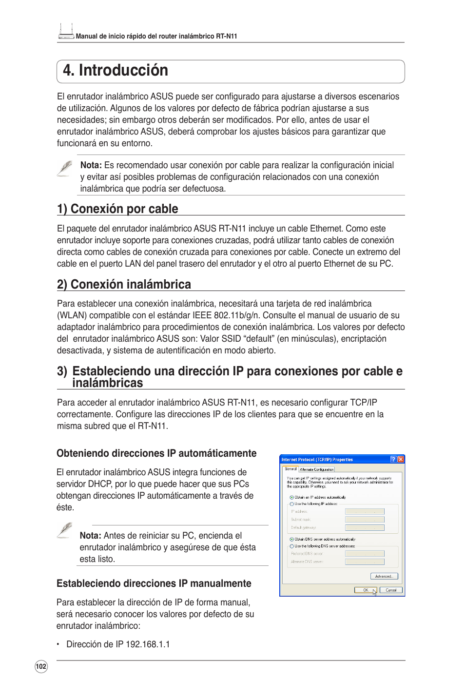 Introducción, 1) conexión por cable, 2) conexión inalámbrica | Asus RT-N11 User Manual | Page 103 / 109