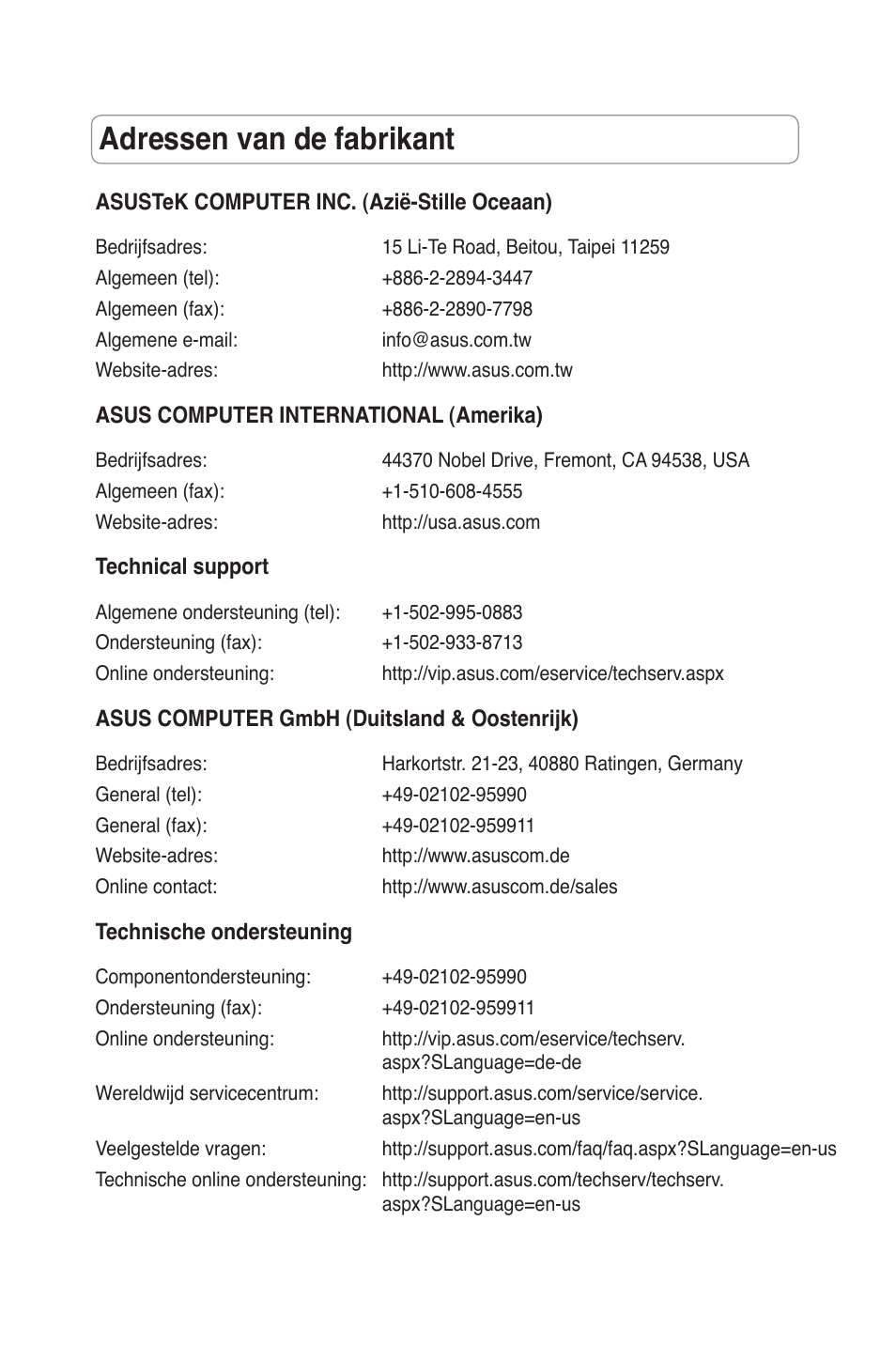 Adressen van de fabrikant | Asus RT-N11 User Manual | Page 15 / 109