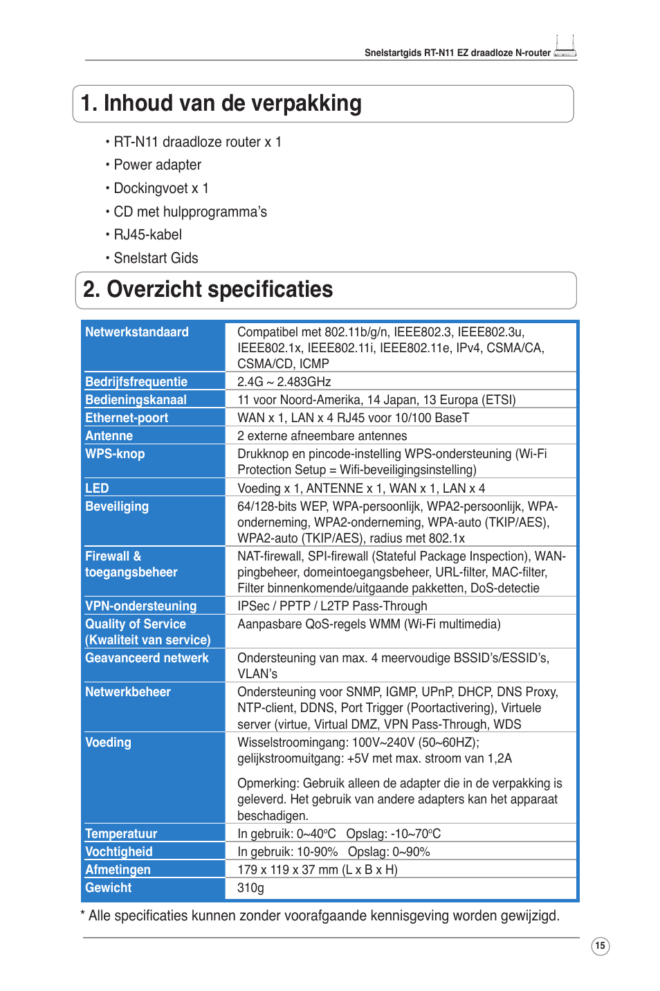 Inhoud van de verpakking, Overzicht specificaties | Asus RT-N11 User Manual | Page 16 / 109