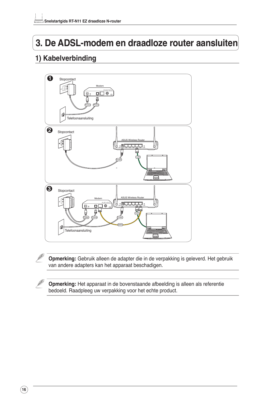 De adsl-modem en draadloze router aansluiten, 1) kabelverbinding | Asus RT-N11 User Manual | Page 17 / 109