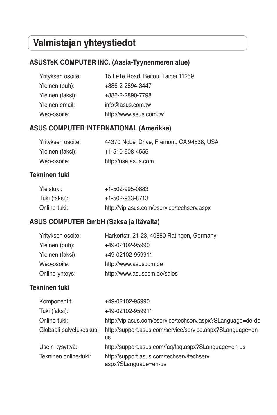 Valmistajan yhteystiedot | Asus RT-N11 User Manual | Page 27 / 109