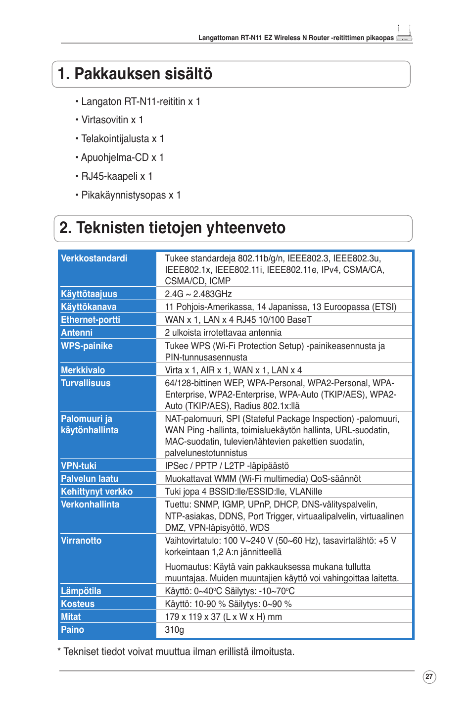 Pakkauksen sisältö, Teknisten tietojen yhteenveto | Asus RT-N11 User Manual | Page 28 / 109