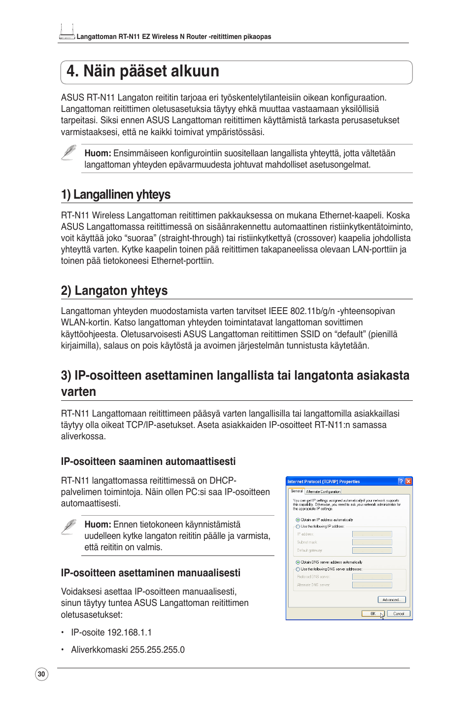 Näin pääset alkuun, 1) langallinen yhteys, 2) langaton yhteys | Asus RT-N11 User Manual | Page 31 / 109