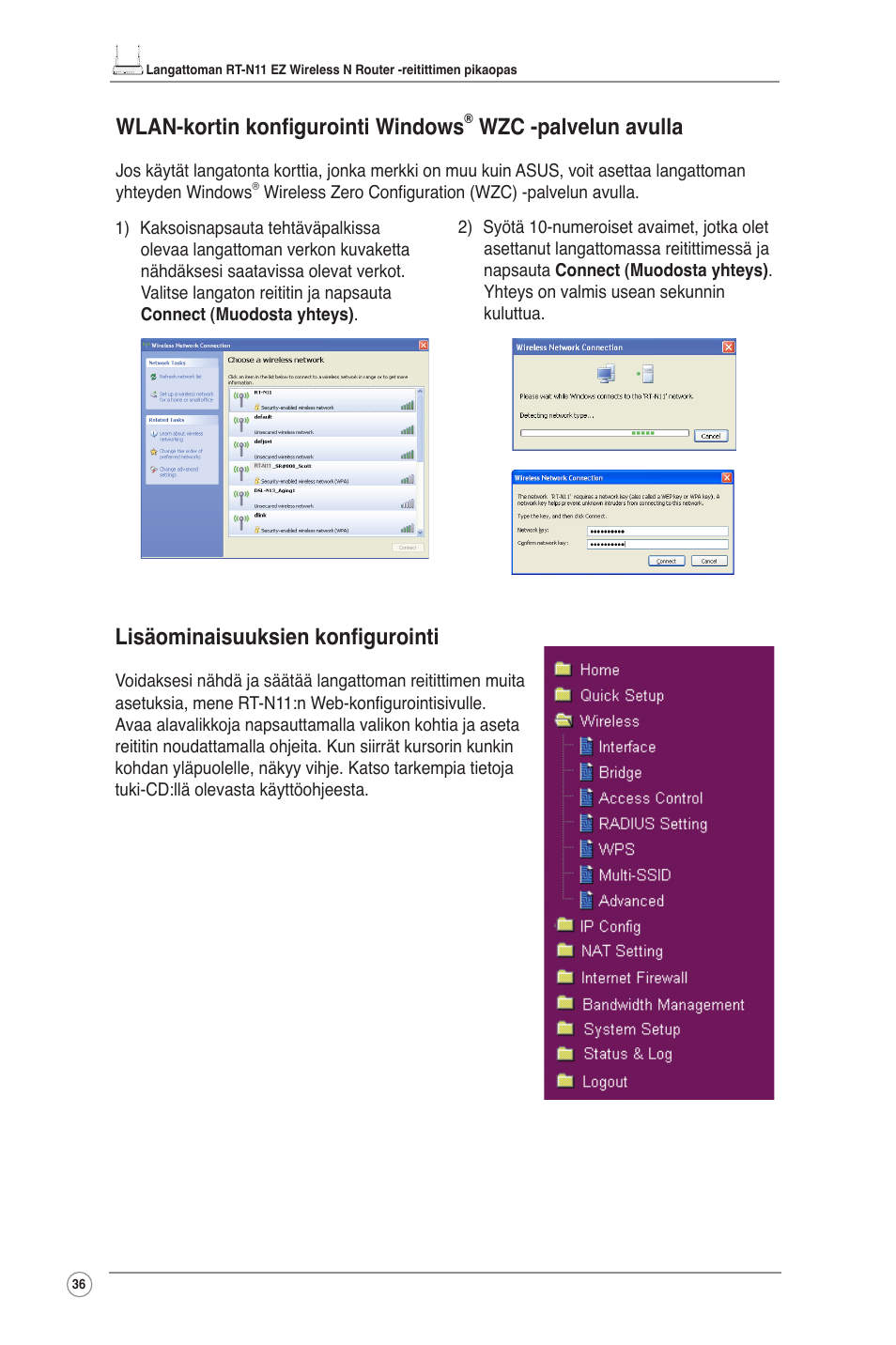 Lisäominaisuuksien konfigurointi, Wlan-kortin konfigurointi windows, Wzc -palvelun avulla | Asus RT-N11 User Manual | Page 37 / 109
