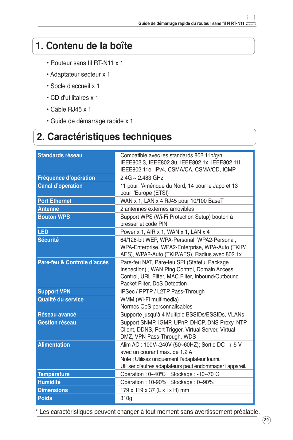 Contenu de la boîte, Caractéristiques techniques, Français | Asus RT-N11 User Manual | Page 40 / 109