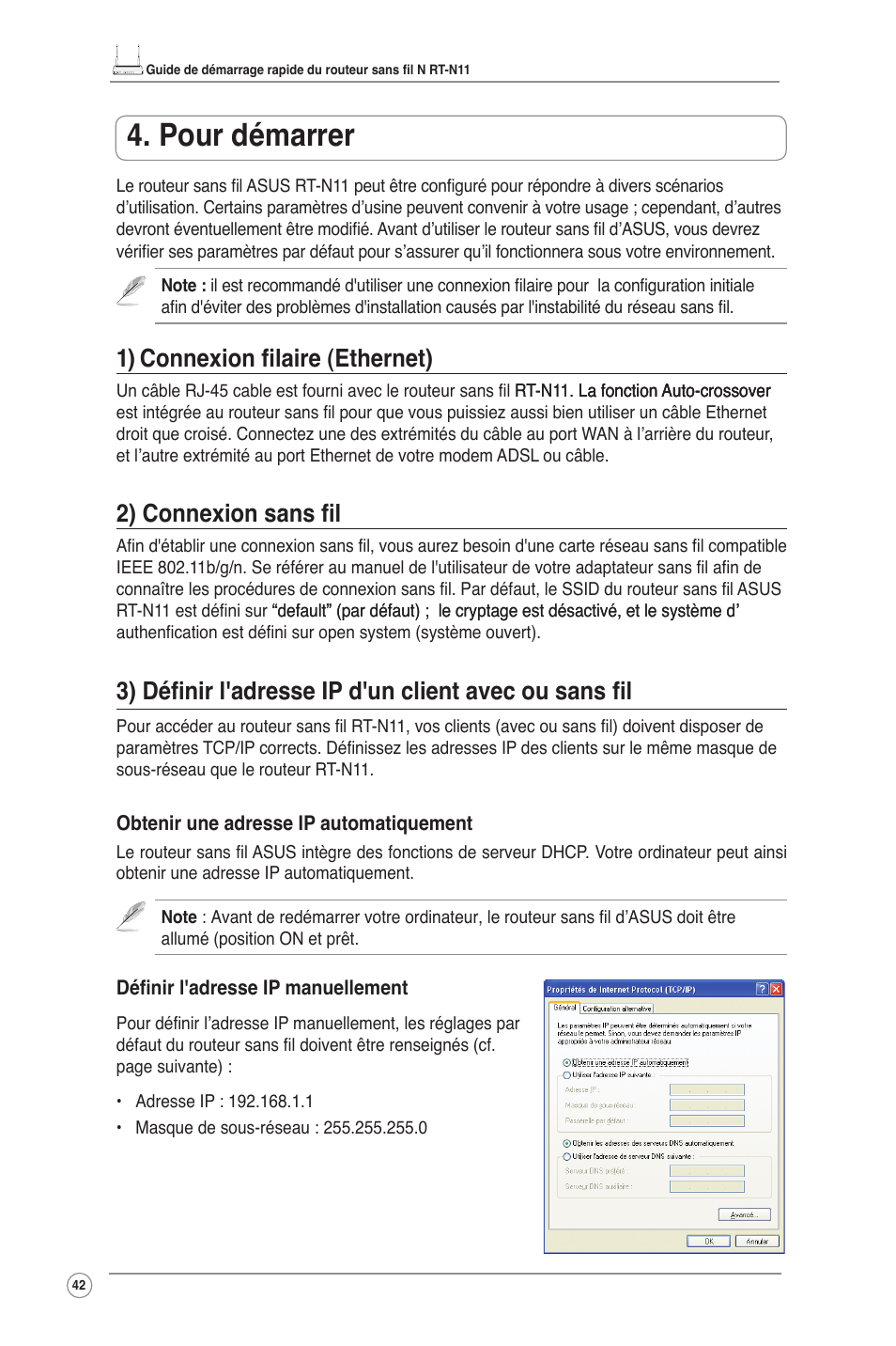 Pour démarrer, 1) connexion filaire (ethernet), 2) connexion sans fil | Asus RT-N11 User Manual | Page 43 / 109